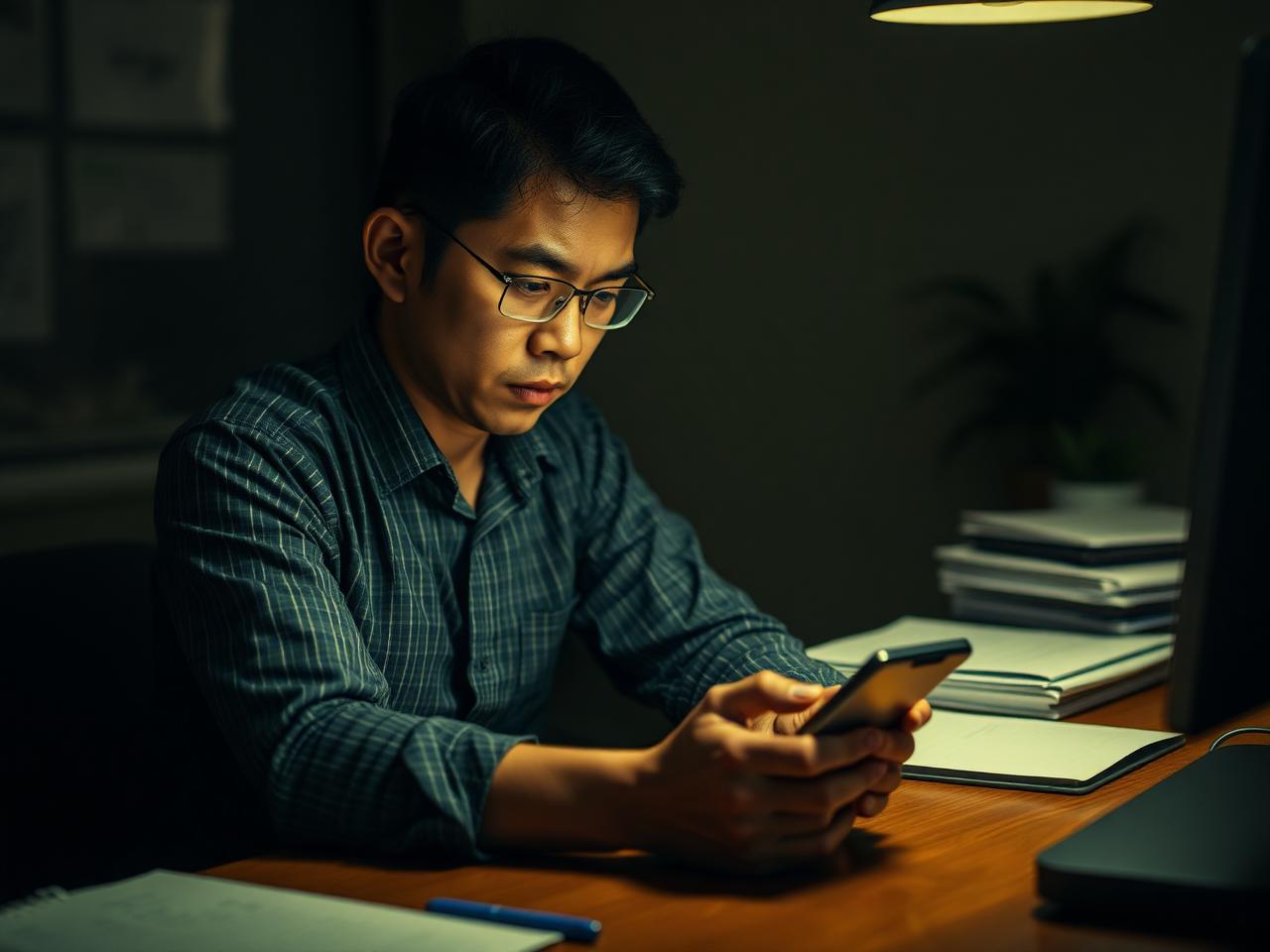 Pemilik bisnis menatap ponsel penuh chat yang belum dibalas