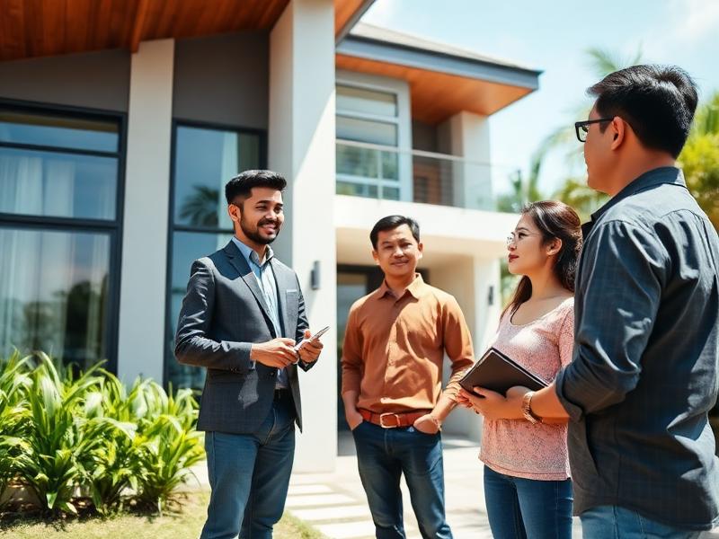 Agen properti menjelaskan unit rumah kepada calon pembeli